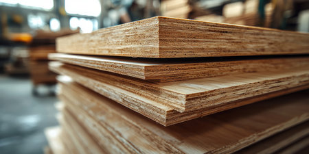 stack of birch plywood sheets, smooth and light-colored, in a modern carpentry studio. Generative AIの素材