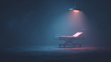 hospital gurney in the center of a dark room with a soft overhead medical light. Generativeの素材