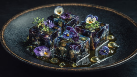 reimagined lokum dessert cubes plated on black ceramic with edible flowers and fruit jelly sauce. Generativeの素材