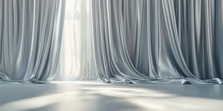 Minimalist modern space with silver satin drapes, diffused natural light, and a serene atmosphere. Generative AIの素材