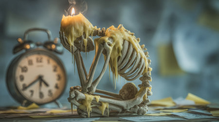 symbolic burnout concept, figure with candle melted into spine, workspace cluttered with fading sticky notes and time clocks. Generative AIの素材