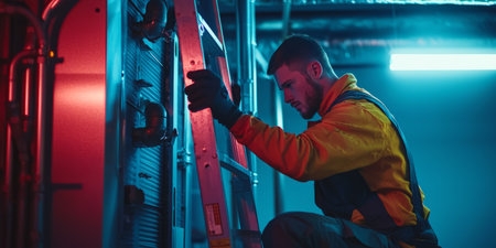 Professional HVAC technician servicing a ventilation system, ladder and tools nearby. Generative AIの素材