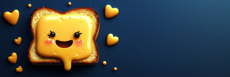 Kawaii toast with melted butter forming a smiling face, simple and cute breakfast theme. Generative AIの素材