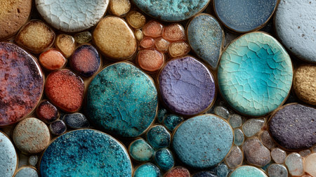 abstract round glass tiles in muted pastel colors with minimal grout. Generative AIの素材