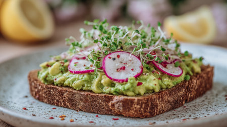 vegan avocado toast on sourdough with radish slices, sprouts, lemon and chili flakes. Generative AIの素材