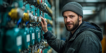 Worker checking an industrial air conditioning unit, adjusting valves and controls. Generative AIの素材
