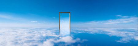 Gold-framed mirror sinking into a blue abyss reflecting the sky. Generative AIの素材