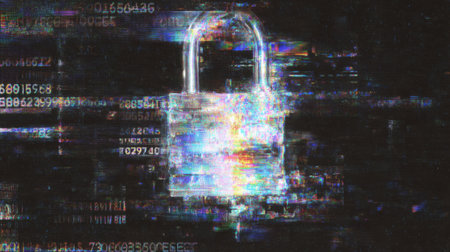 glitch-style, fragmented padlock with error code overlay and screen distortion glitch effects. Generative AIの素材
