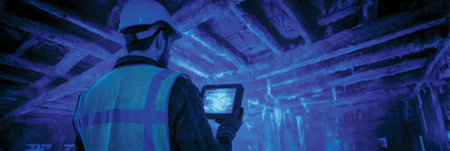 handheld tablet screen showing infrared signature of exposed piping while worker scans ceiling frame. Generative AIの素材