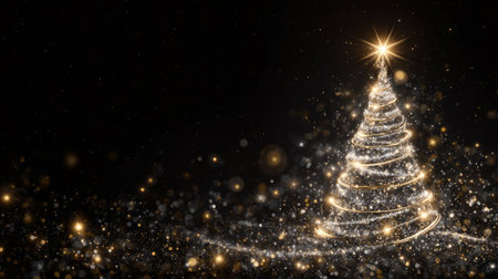 rich festive scene glowing golden star atop silver tree made of luminous dust, surrounded by radiating sparkles Happy New Year. Generative AIの素材