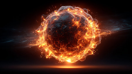fireball concept, small concentrated orb of fire suspended in black space, glowing intensely. Generative AIの素材