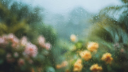 blurred nature behind glass with droplets and soft bokeh. Generative AIの素材