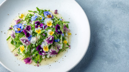 clean white plate with plant-based rainbow salad, edible flowers. Generative AIの素材