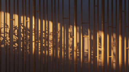 Slatted bamboo room divider casting soft shadows in a minimalist zen space. Generativeの素材