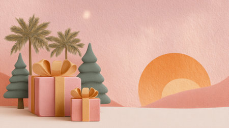modern holiday minimalism, style gift box shapes and tree silhouettes over. Generative AIの素材