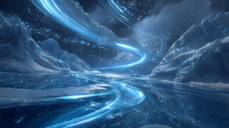 Futuristic Ice Landscape with Glowing Blue Energy. Generativeの素材
