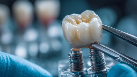 Close-up of a crown being installed on a dental implant in a laboratory setting. Generative AIの素材