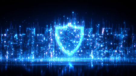 stylized blue firewall, abstract wall made of glowing circuit lines blocking incoming threat signals. Generative AIの素材