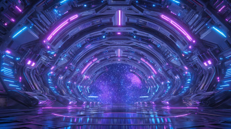 Starship launch bay tunnel with starlight reflections. Generative AIの素材