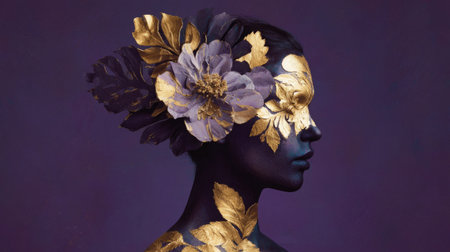 woman silhouette with flower mask and gold foil accents on dark purple background. Generative AIの素材