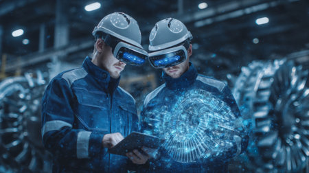 industrial apprentices interacting with virtual models of turbines and engines using AR gear. Generative AIの素材