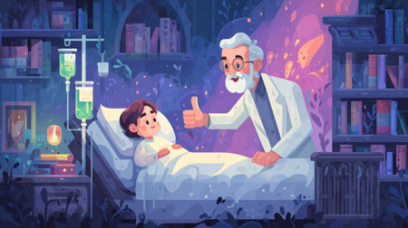 Hospital room with doctor giving thumbs up to child in bed. Generative AIの素材