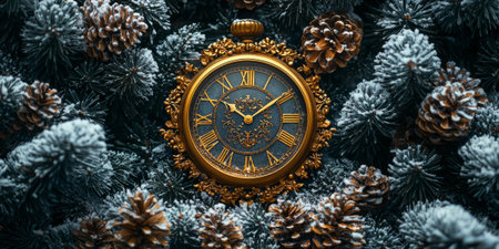 winter New Year background with snowy pine branches, golden clock. Generative AIの素材