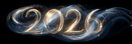 abstract glowing concept, light ribbon swirling around 2026 with golden aura. Generative AIの素材