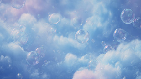 tranquil blue background with translucent soap bubbles gently drifting among delicate foam clouds. Generative AIの素材