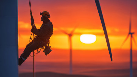 Wind turbine technician in harness repairing turbine blades high above ground. Generative AIの素材