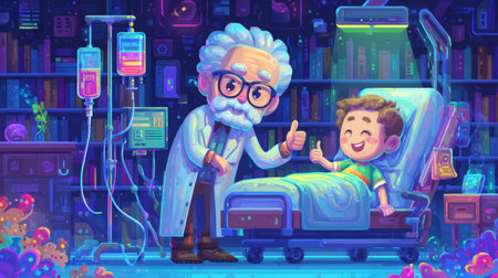 Hospital room with doctor giving thumbs up to child in bed. Generative AIの素材