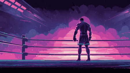 lone boxer stands in a darkened ring, surrounded by atmospheric smoke and dramatic lighting. Generativeの素材