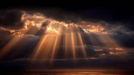 Golden light rays through clouds, divine guidance metaphor. Generative AIの素材