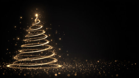elegant black background, stylized Christmas tree made of spiraling golden and silver light trails, glowing sparkles surrounding it. Generative AIの素材