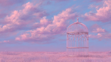 cage in empty field, freedom metaphor, minimalist pastel background. Generative AIの素材