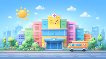 cheerful childrens hospital exterior with colorful facade, sun, trees, and ambulance parked outside. Generative AIの素材
