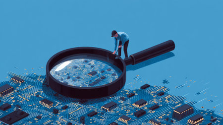 Minimalist aesthetic, tech worker assembling circuit board under magnifying lens. Generativeの素材