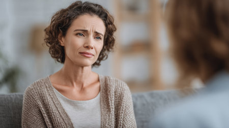 client with visible distress, therapist maintaining safe presence with soft body language. Generative AIの素材