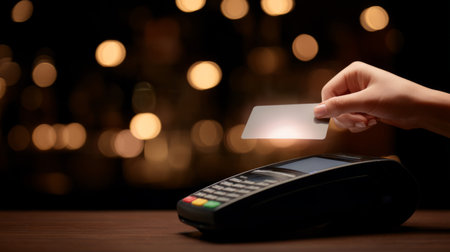 glowing contactless card being held above POS device, minimal tech background. Generative AIの素材