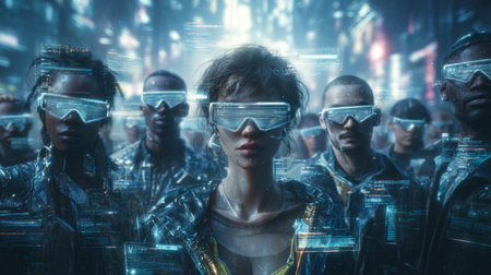 Crowds of people wearing high-tech augmented reality glasses in a futuristic urban environment, immersed in digital interfaces and data overlays. Generative AIの素材