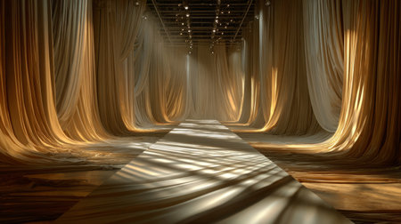 Patterned fabric backdrop with vertical pleats in a runway setting. Generativeの素材