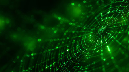 web pattern emerging from blurred green background with glistening threads. Generative AIの素材