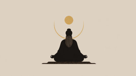 Minimalist tribute, silhouette of Guru Nanak in meditative posture with golden halo on soft beige background. Generative AIの素材