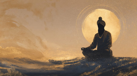 Minimalist tribute, silhouette of Guru Nanak in meditative posture with golden halo on soft beige background. Generative AIの素材