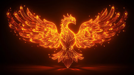 Glowing Phoenix Icon - A vibrant orange neon phoenix outline on a black surface, symbolizing rebirth. Generative AIの素材