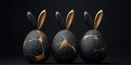 Elegant black and gold Easter eggs with bunny ears, featuring a modern and luxurious design, set against a dark, background. Generative AIの素材