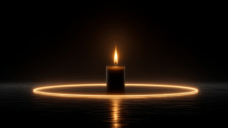 single flickering candle flame floating in darkness, tiny halo glow. Generative AIの素材