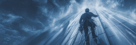High-rise window washer suspended on ropes cleaning skyscraper glass panels. Generative AIの素材