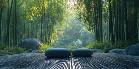 serene meditation platform in a bamboo forest, mental health programs. Generative AIの素材