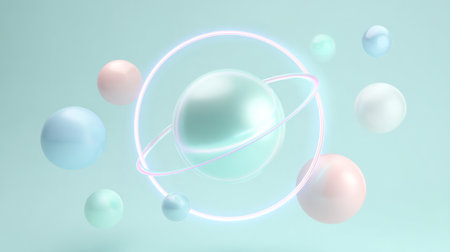 spheres floating in a light teal background with soft glowing ring. Generative AIの素材